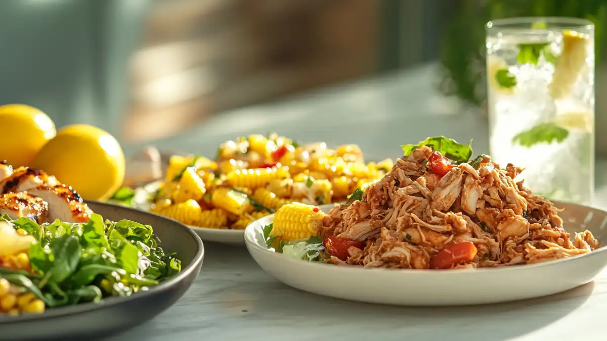 Slow cooker summer sides with pulled chicken, corn salad, and lemon drink on marble