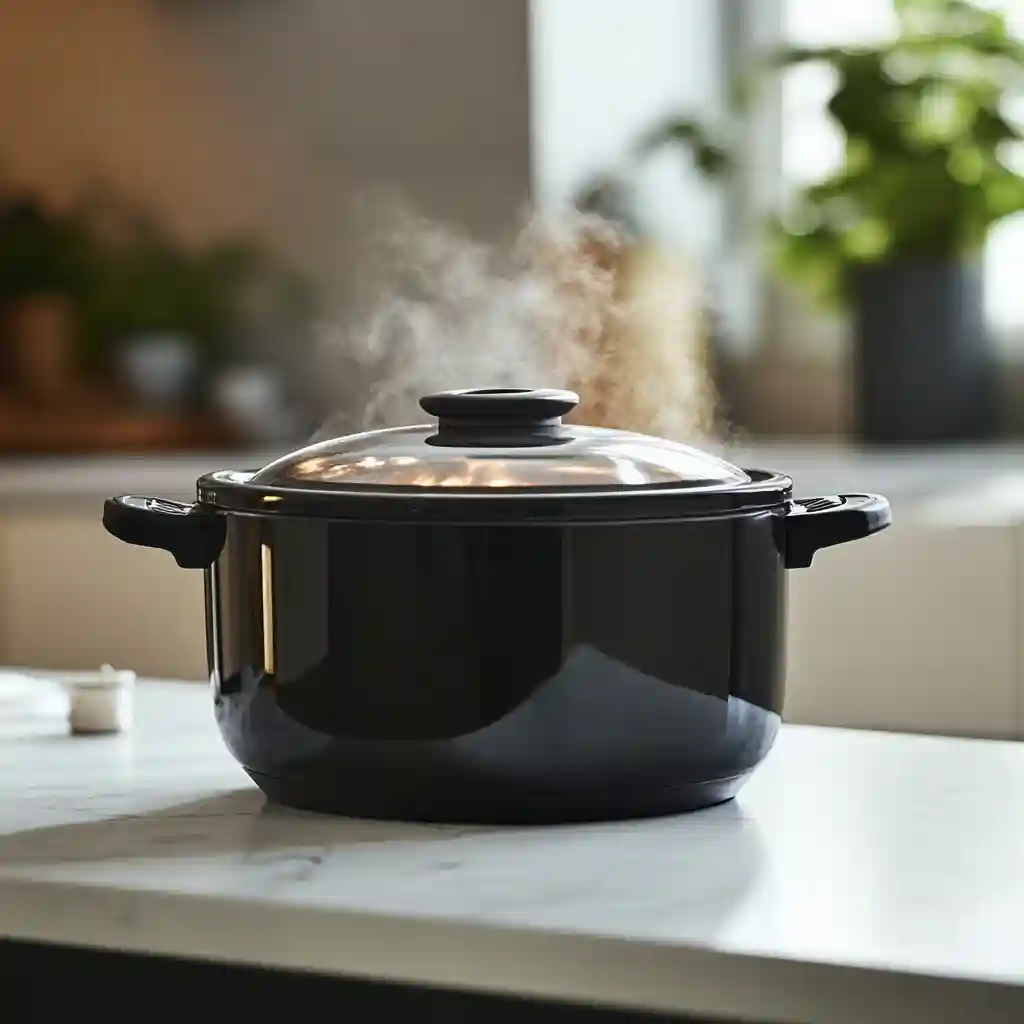 Low FODMAP Easy Peasy Beef Stew (Slow Cooker Friendly) 4 slow cooker steaming on a marble countertop while cooking low FODMAP beef stew