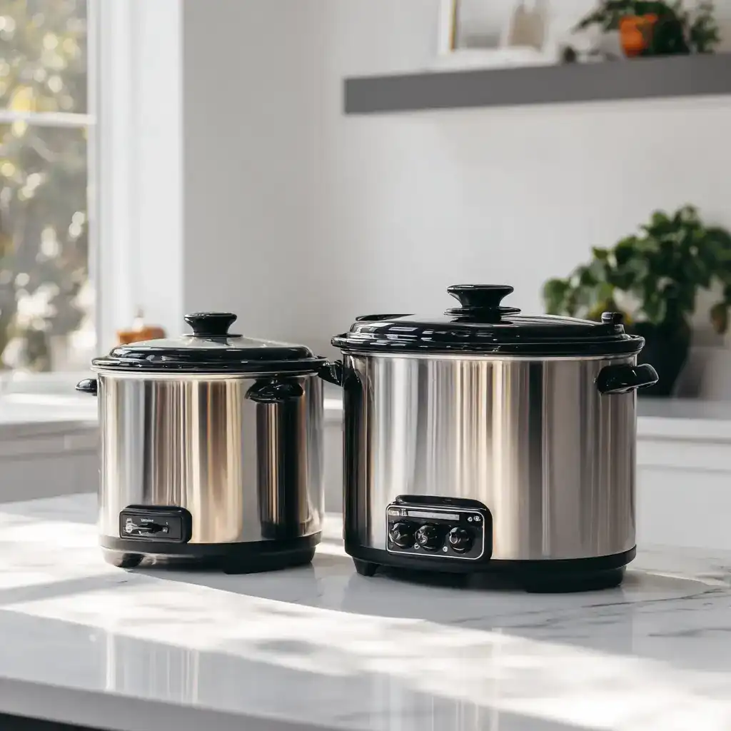 How to Use a Slow Cooker Efficiently in Summer 2 Two stainless steel slow cookers on a white marble countertop for summer meal tips