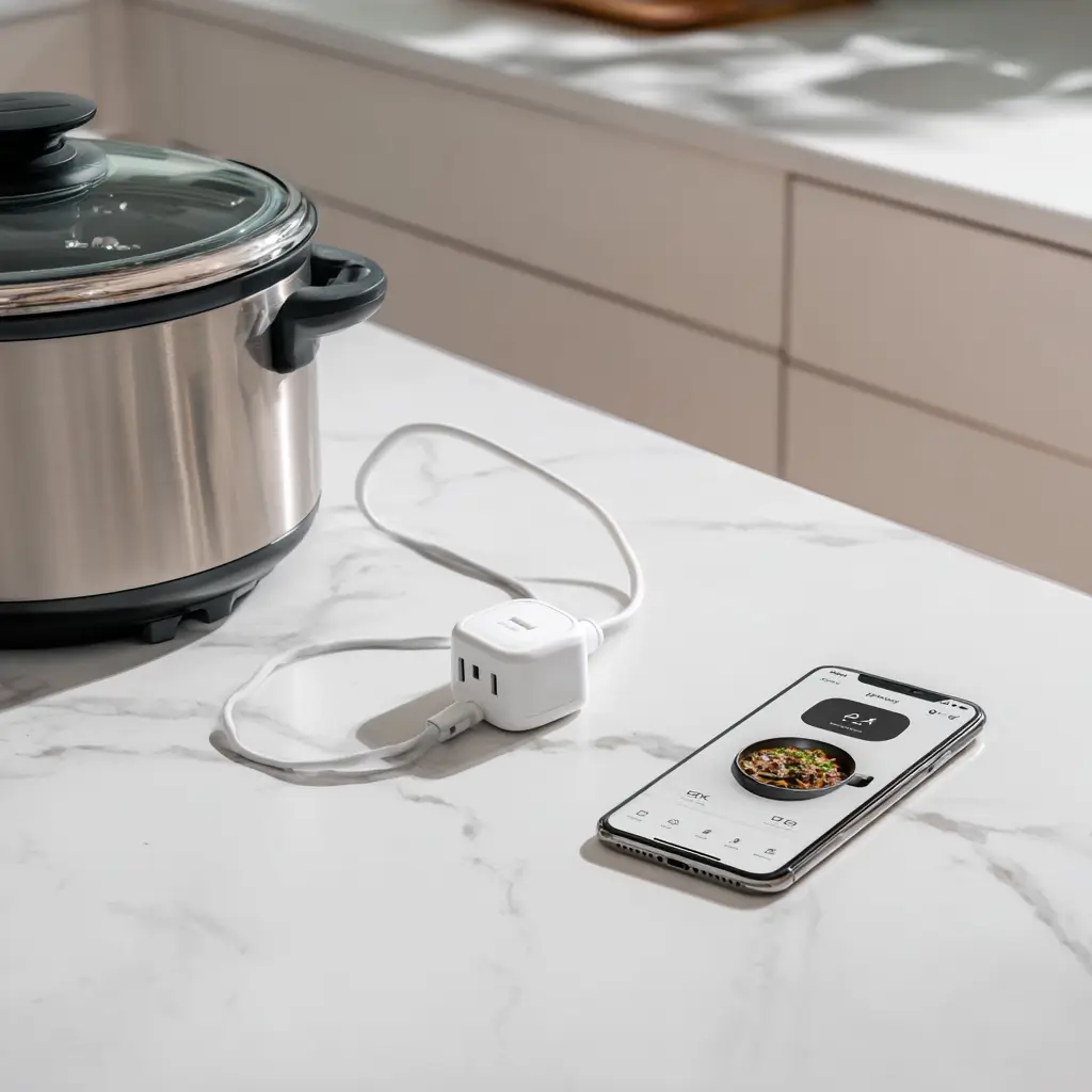 Must-Have Tools for Summer Slow Cooking 3 Smart plug connected to slow cooker with cooking timer app on smartphone