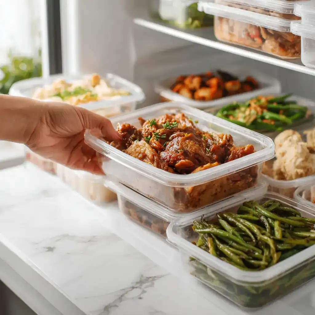 How to Use a Slow Cooker Efficiently in Summer 4 Safe summer storage of slow cooker meals in shallow containers on white marble counter