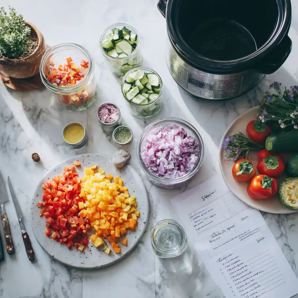 Batch Cooking & Freezer-Friendly Summer Recipes 2 Fresh vegetables and prep ingredients for summer batch cooking on a white marble countertop next to a slow cooker