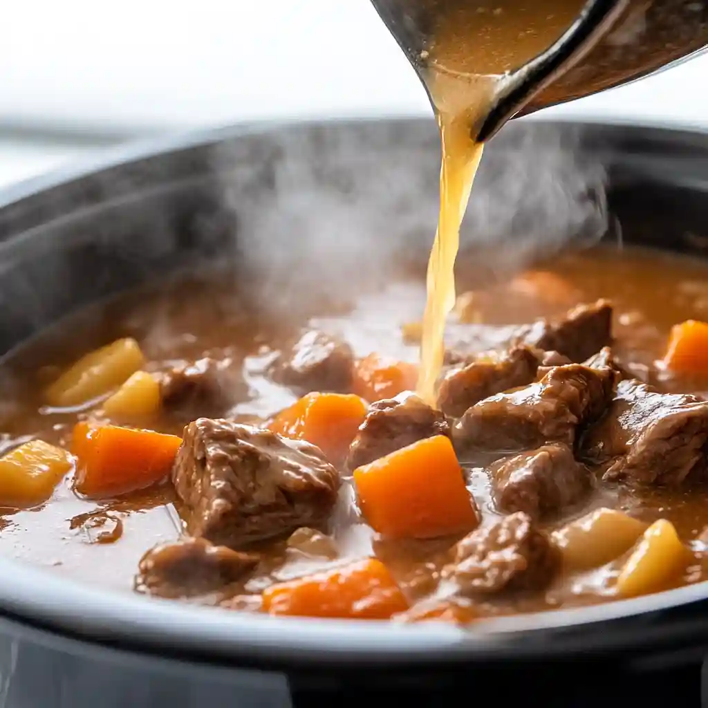 Low FODMAP Easy Peasy Beef Stew (Slow Cooker Friendly) 5 pouring cornstarch slurry into simmering low FODMAP beef stew to thicken