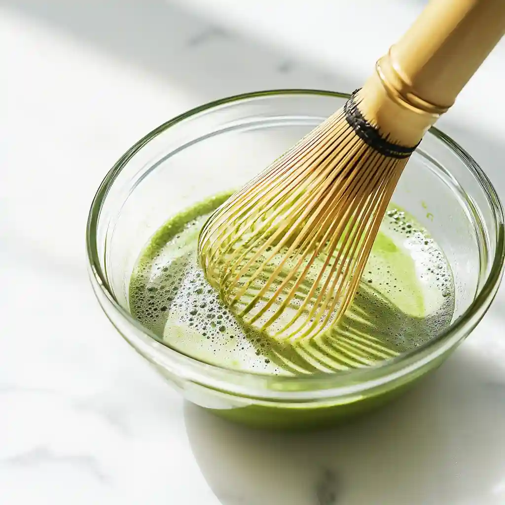 How to Make Cold Matcha Tea – Simple and Refreshing Recipe 3 Whisking matcha with cold water in a glass bowl using a bamboo whisk