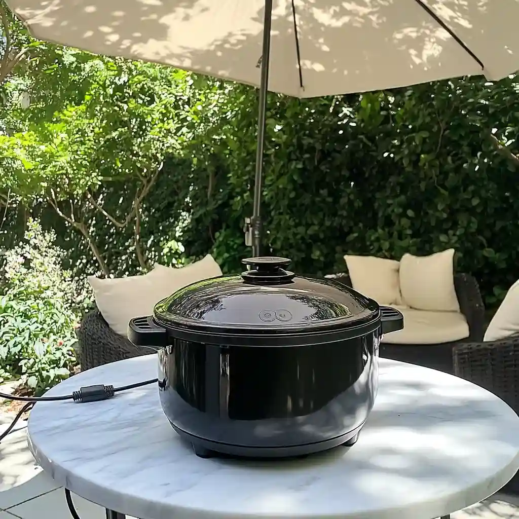 Food Safety Tips for Slow Cooking in Hot Weather: Avoid Summer Risks 4 slow cooker outdoors on white marble table under umbrella, plugged in for safe summer cooking