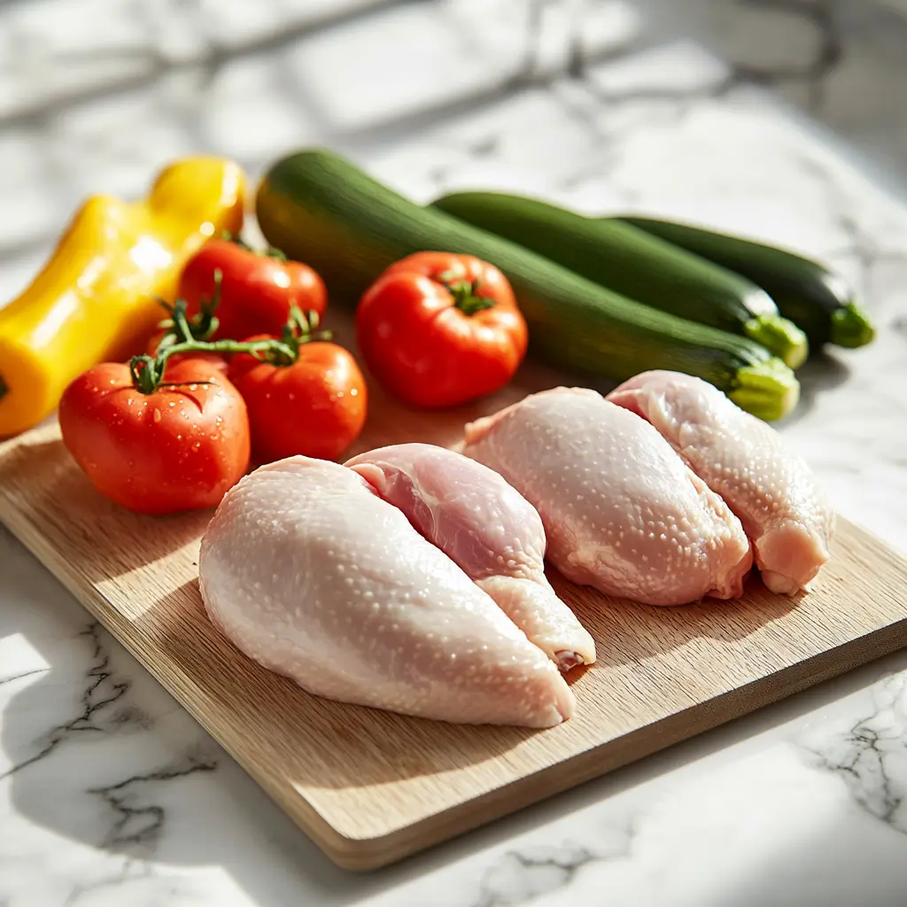 Food Safety Tips for Slow Cooking in Hot Weather: Avoid Summer Risks 2 thawed raw chicken and summer vegetables on sanitized board on marble countertop