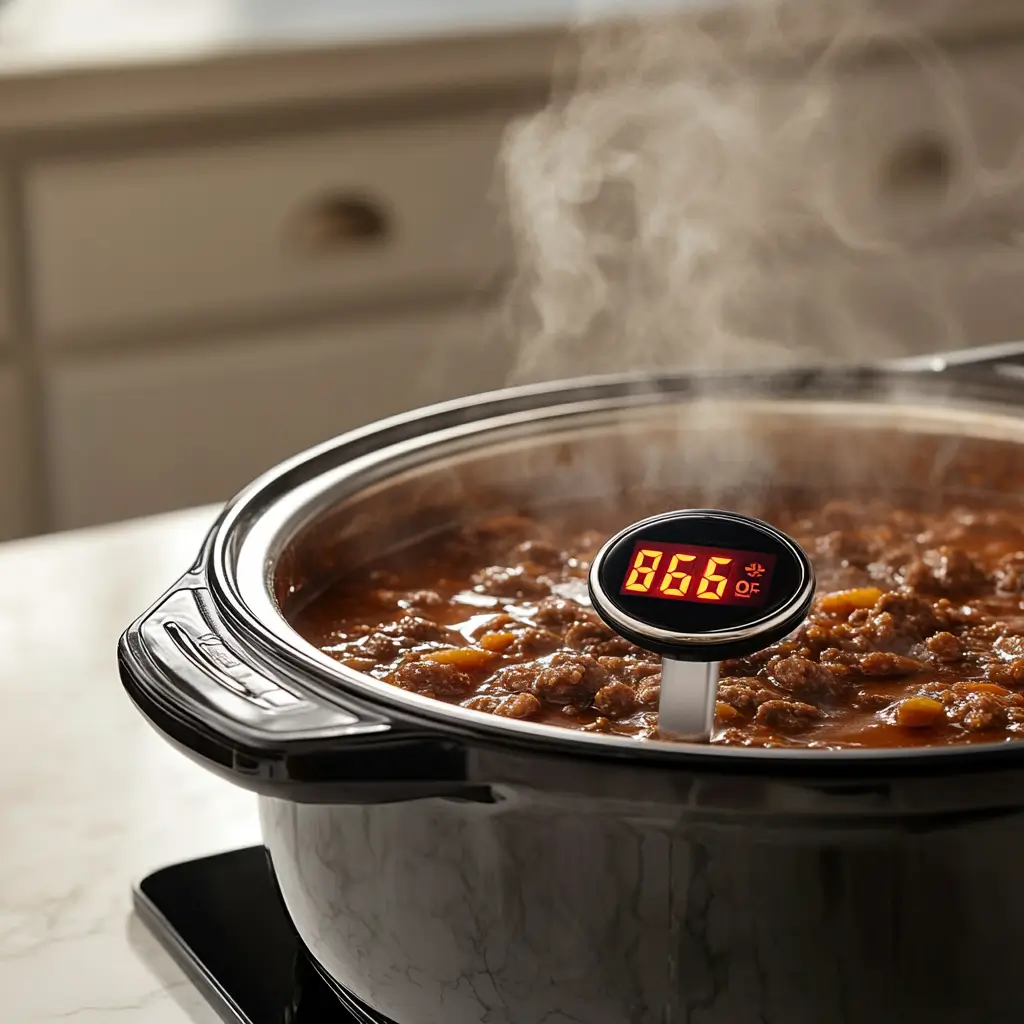 Food Safety Tips for Slow Cooking in Hot Weather: Avoid Summer Risks 3 digital thermometer showing 165°F in slow cooker stew on white marble countertop