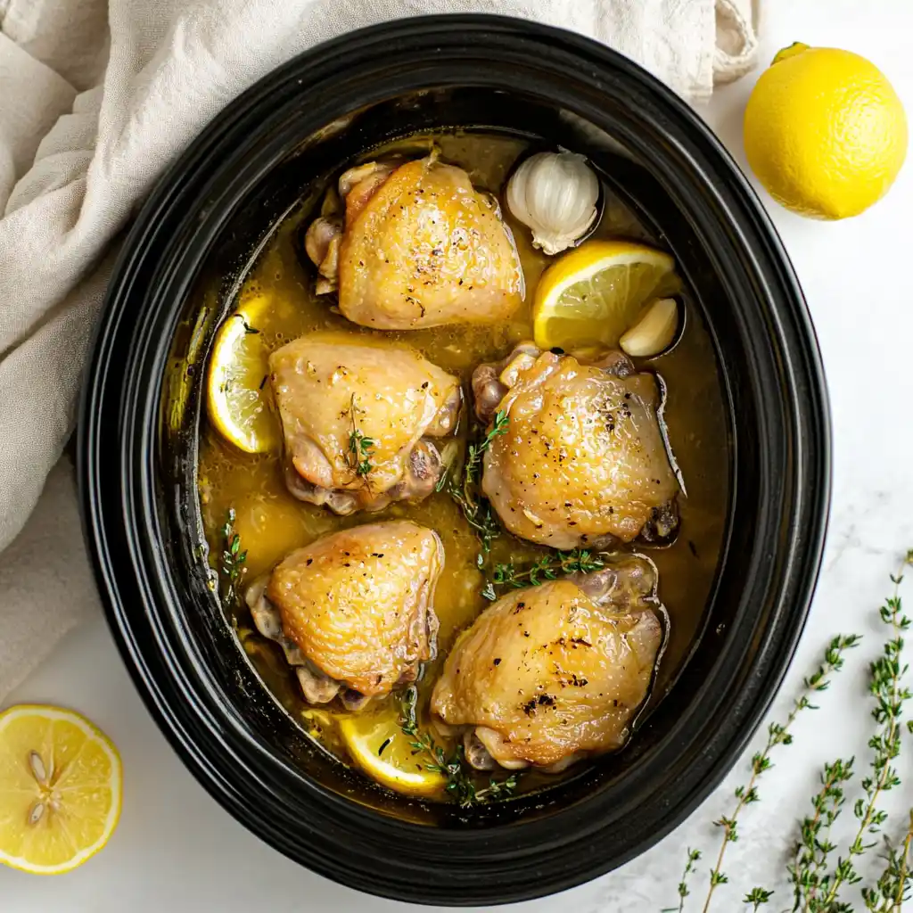 Cooked Slow Cooker Lemon Garlic Chicken with Garlic and Thyme Slow Cooker Lemon Garlic Chicken with golden cooked thighs in lemon garlic broth