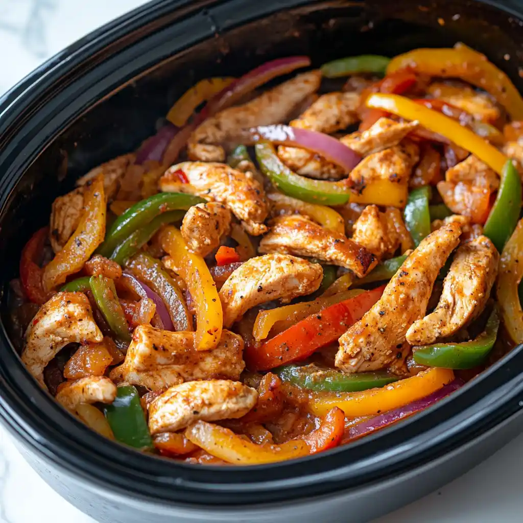 Easy Crockpot Chicken Fajitas – Tender, Juicy & Family-Friendly 4 Chicken, bell peppers, and onions simmering in a black oval slow cooker for easy crockpot chicken fajitas