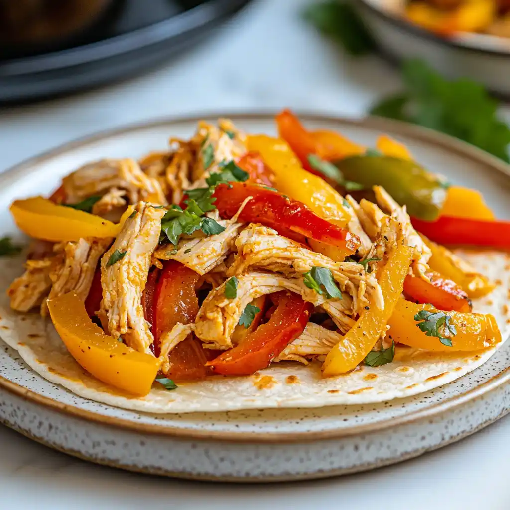 Easy Crockpot Chicken Fajitas – Tender, Juicy & Family-Friendly 5 Shredded chicken and colorful peppers served on a tortilla for easy crockpot chicken fajitas