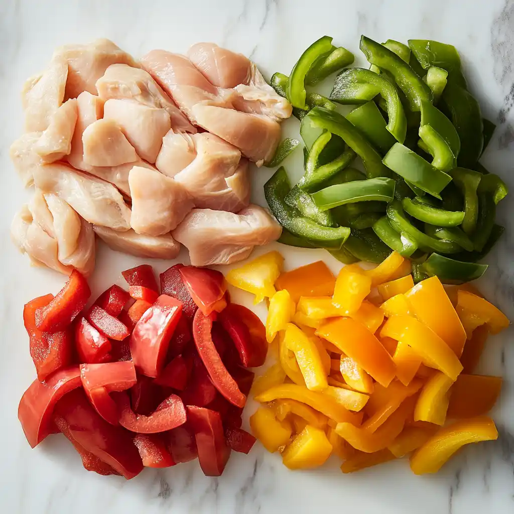 Easy Crockpot Chicken Fajitas – Tender, Juicy & Family-Friendly 2 Raw chicken and chopped bell peppers prepared for easy crockpot chicken fajitas