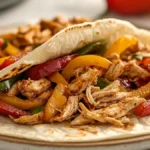 Juicy shredded chicken with peppers served in a tortilla for easy crockpot chicken fajitas