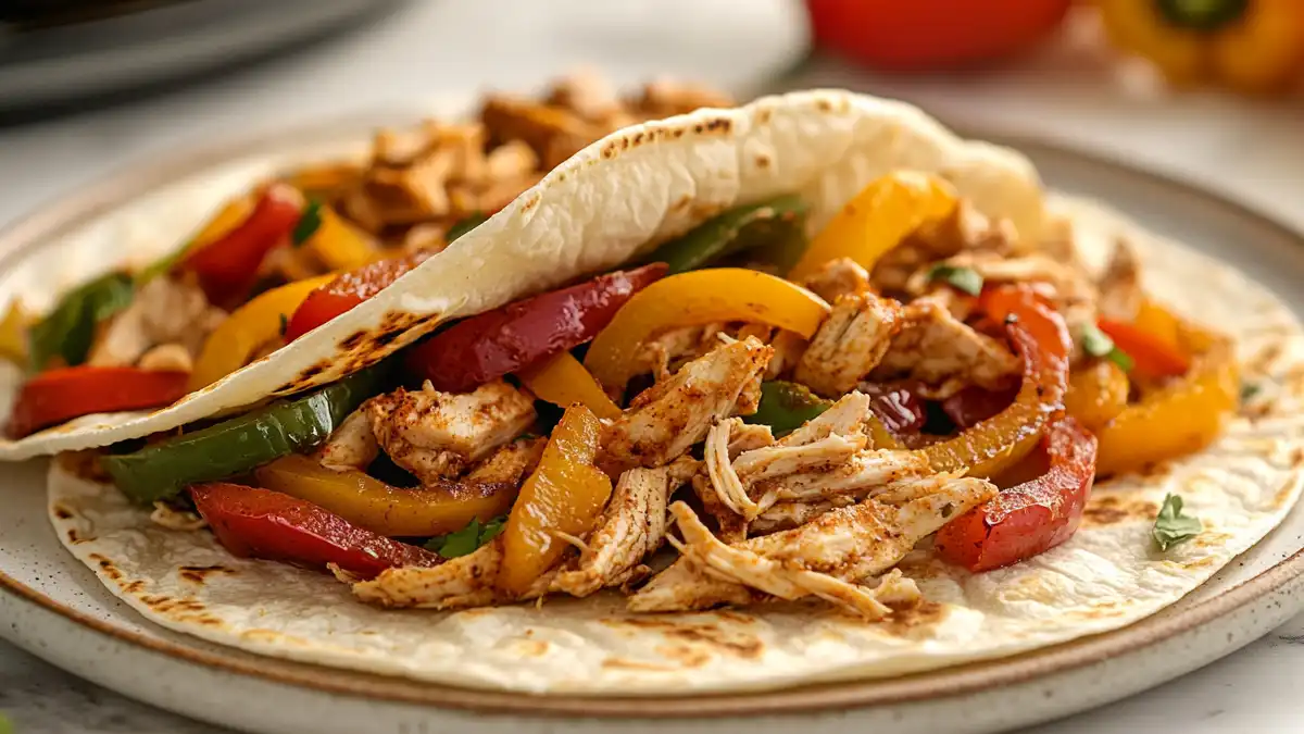 Juicy shredded chicken with peppers served in a tortilla for easy crockpot chicken fajitas
