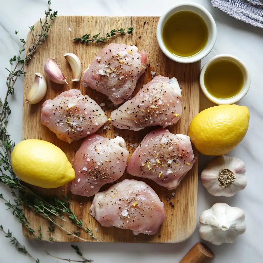 Ingredients for Slow Cooker Lemon Garlic Chicken with Fresh Garlic and Lemon Raw chicken thighs prepared for Slow Cooker Lemon Garlic Chicken with lemon and garlic