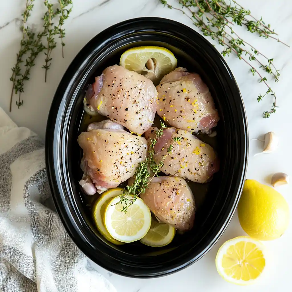 Raw Chicken Thighs in Slow Cooker for Lemon Garlic Chicken Recipe Slow Cooker Lemon Garlic Chicken with raw skinless chicken thighs, lemon slices, and garlic in black oval slow cooker