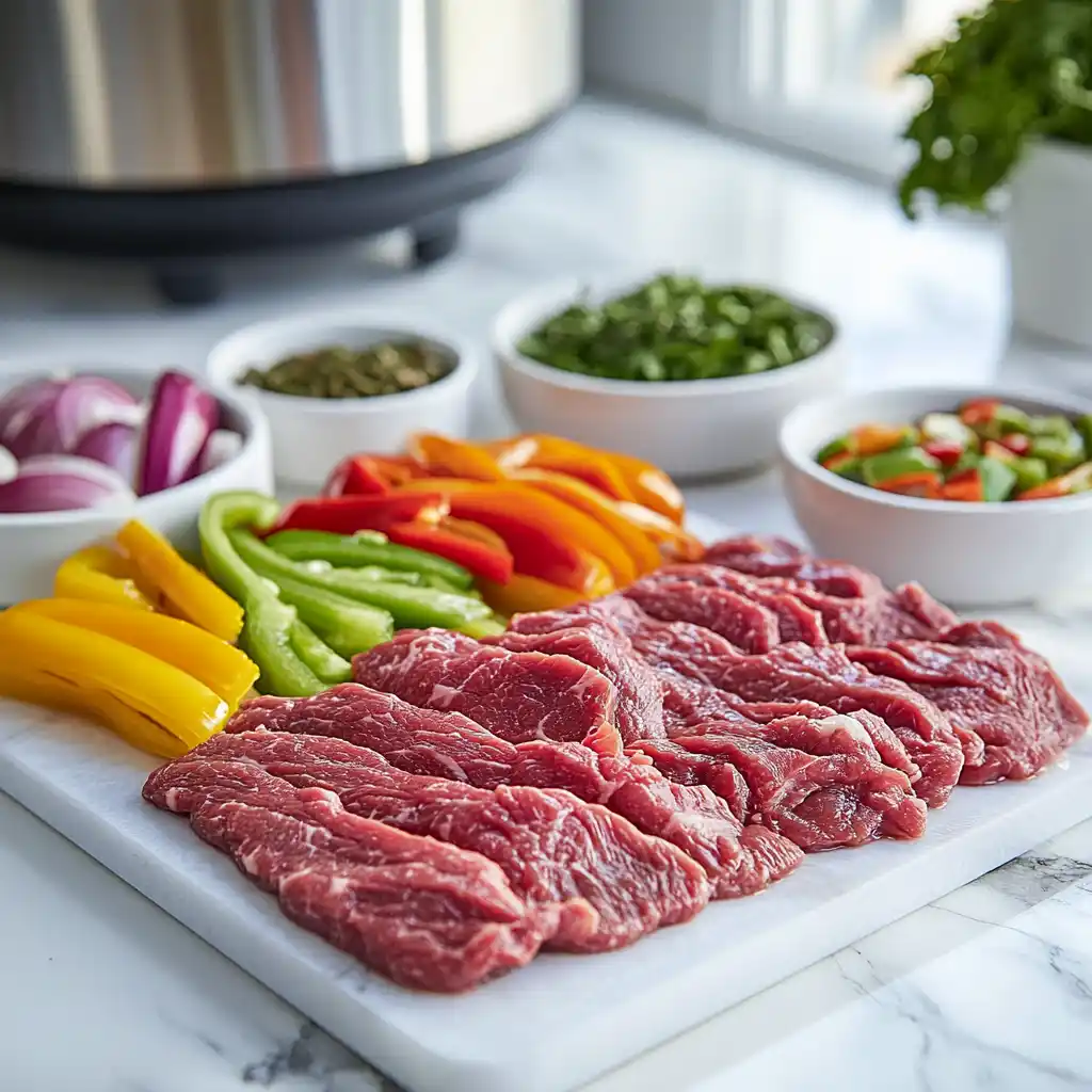 Slow Cooker Cheesesteak Quesadillas Ingredients – Raw Flank Steak and Peppers Raw flank steak and fresh vegetables for Slow Cooker Cheesesteak Quesadillas