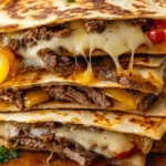 Slow Cooker Cheesesteak Quesadillas stacked with melted cheese and beef filling