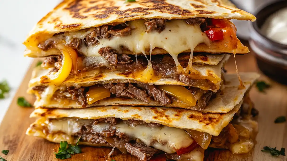 Slow Cooker Cheesesteak Quesadillas stacked with melted cheese and beef filling