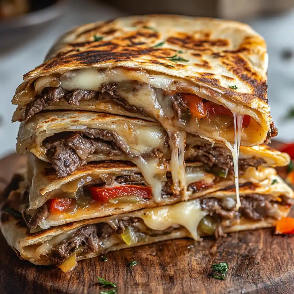 Slow Cooker Cheesesteak Quesadillas – Melted Cheese and Tender Beef Layers Stacked Slow Cooker Cheesesteak Quesadillas with melted cheese and beef