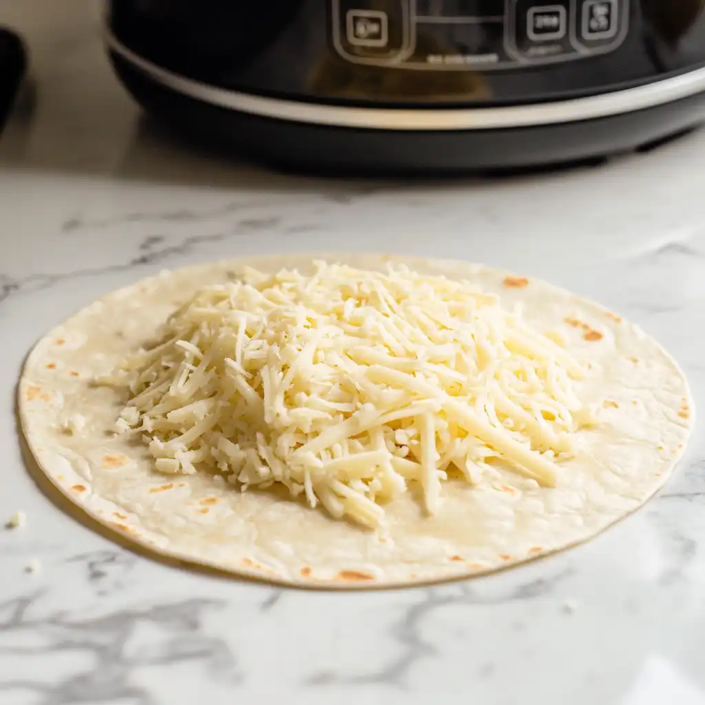 Slow Cooker Cheesesteak Quesadillas – Preparing Tortilla with Cheese Tortilla topped with shredded cheese for Slow Cooker Cheesesteak Quesadillas