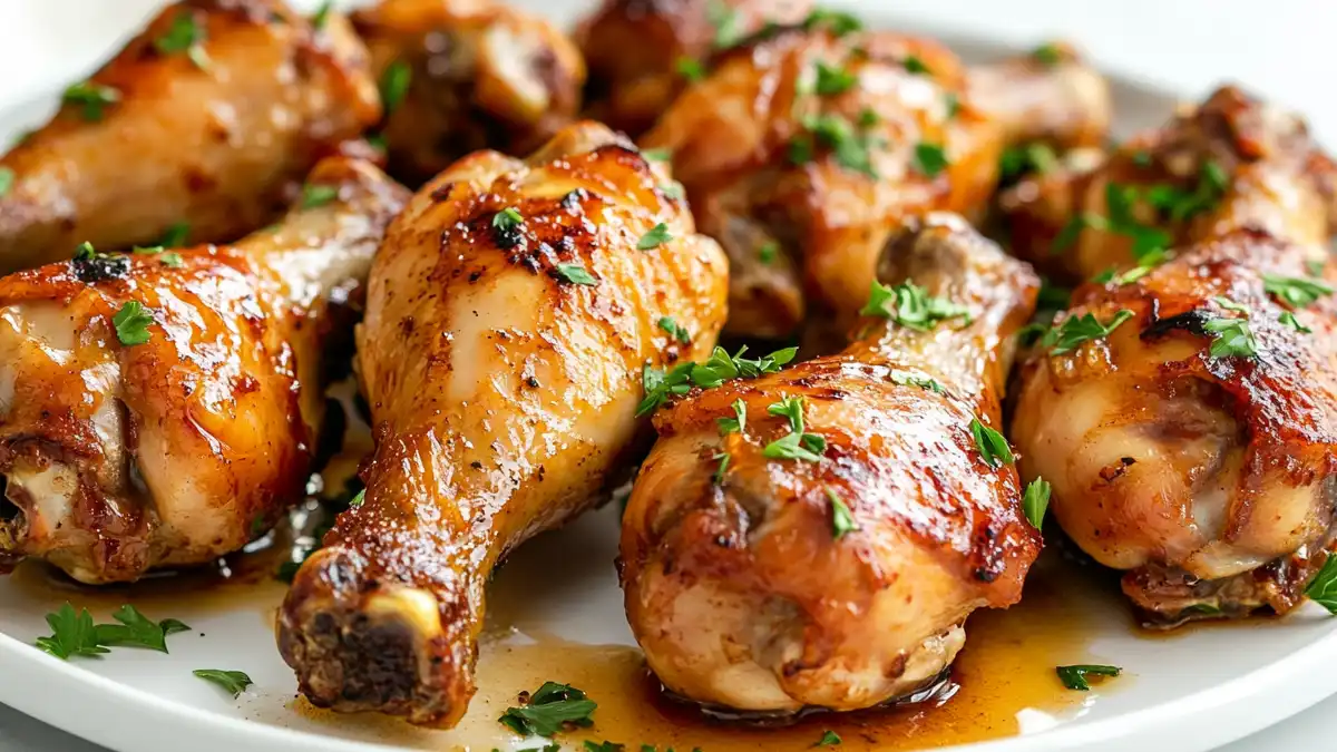 Slow Cooker Chicken Drumsticks served on a white plate, glazed and juicy with golden brown skin