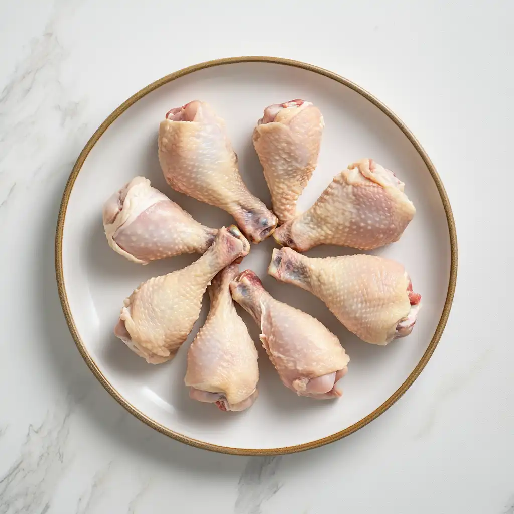 Slow Cooker Chicken Drumsticks – Raw Drumsticks Before Seasoning Raw chicken laid out for Slow Cooker Chicken Drumsticks on a white plate, ready to season