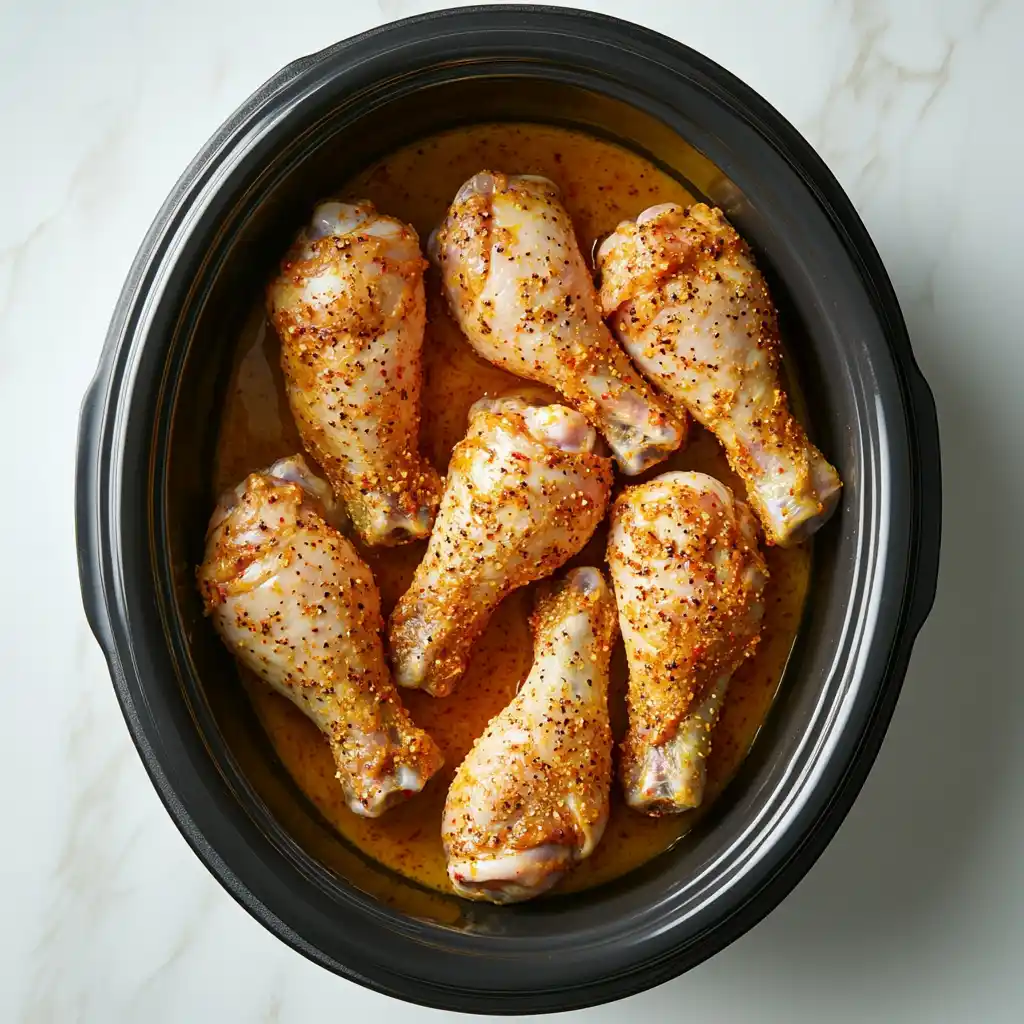 Slow Cooker Chicken Drumsticks – Seasoned and Ready for the Pot Seasoned Slow Cooker Chicken Drumsticks placed in a crockpot, ready to cook low and slow