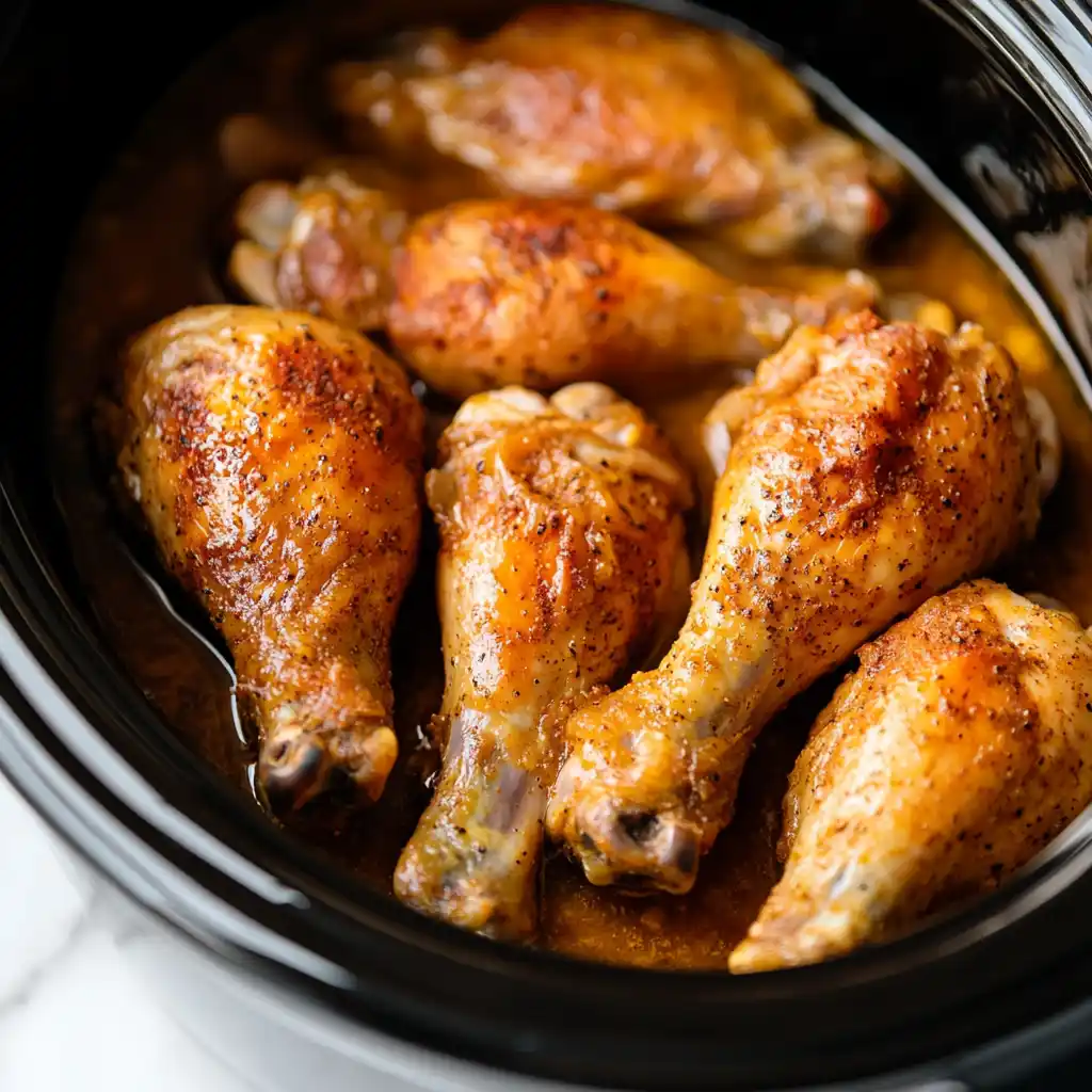 Slow Cooker Chicken Drumsticks – Tender and Juicy After Cooking Fully cooked Slow Cooker Chicken Drumsticks simmering in rich juices inside the crockpot