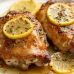 Slow Cooker Lemon Garlic Chicken close-up with lemon slices and thyme