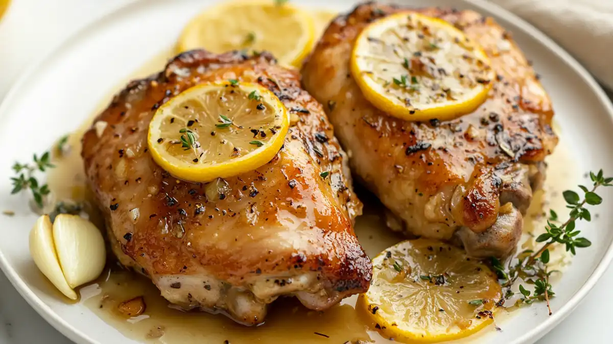 Slow Cooker Lemon Garlic Chicken close-up with lemon slices and thyme